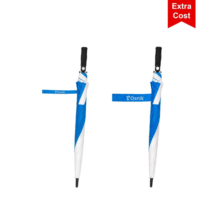 A blue and white sports umbrella with a handle and a strap, featuring a logo.