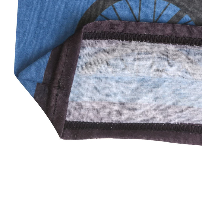 A blue RPET neck gaiter featuring a patterned design, with a black and grey trim, and a logo on the fabric.
