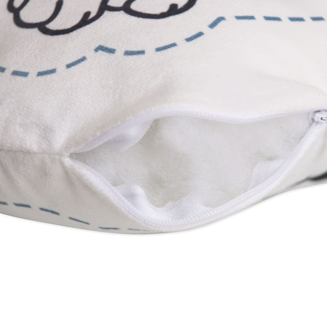A white custom pillow with a zip opening, revealing soft filling inside. The design features a simple pattern.