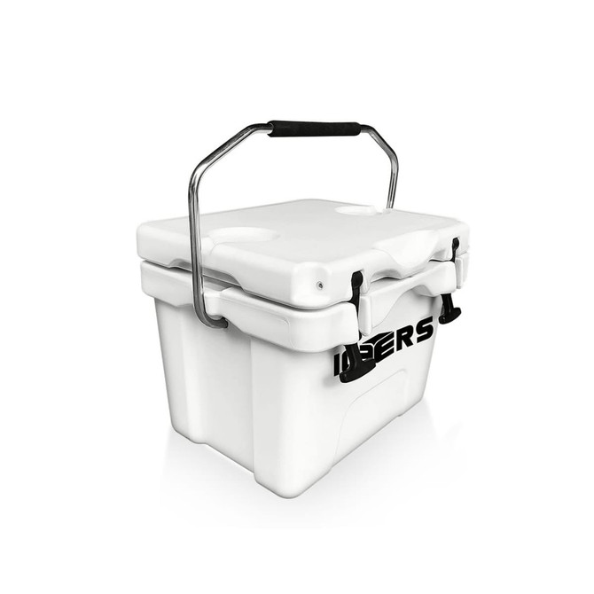 A white 15L cooler box features a sturdy handle, clips, and a logo on the side.