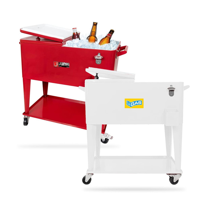 A red and a white cooler box trolley filled with ice and various drink bottles, on wheels with a handle.