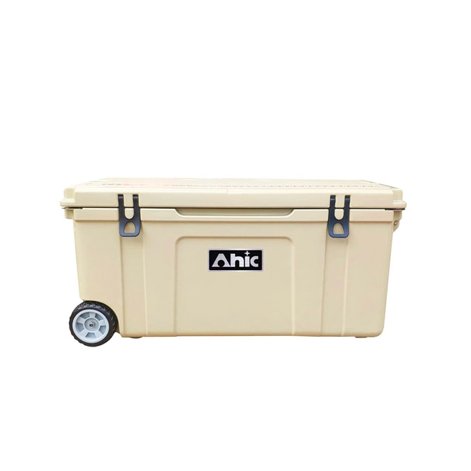 A 120L beige cooler box with wheels and a logo, featuring sturdy latches for secure closure.