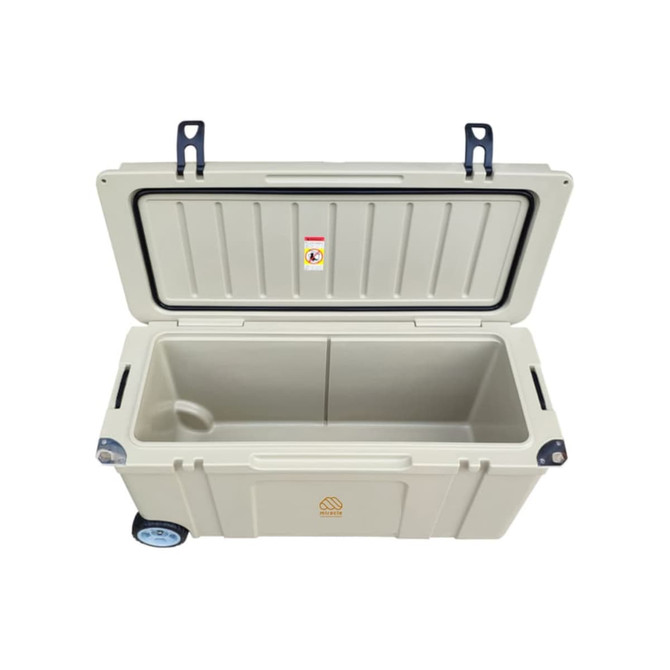 A 120L cooler box in cream colour with wheels, featuring a spacious, divided interior and a lid for easy access.