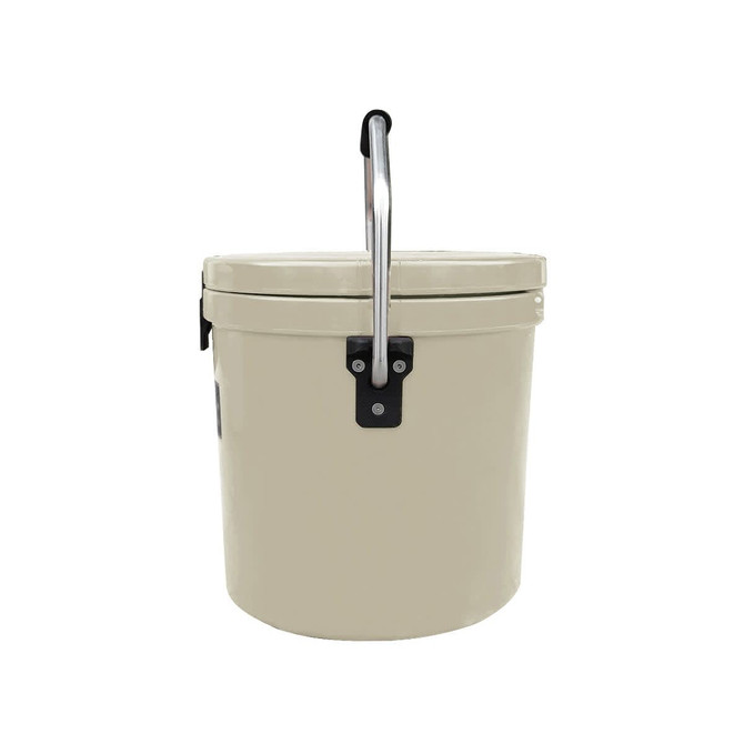 A 12L ice bucket in beige with a silver handle and a black latch, featuring a logo on the side.