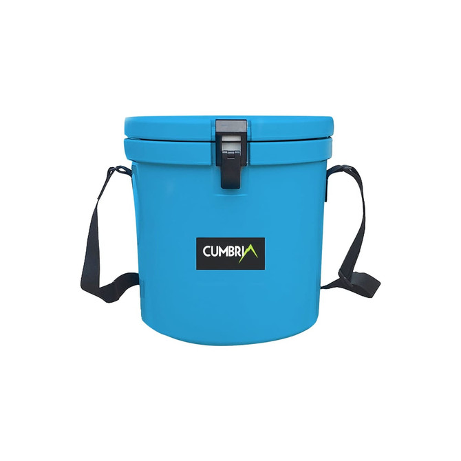 A blue 12L ice bucket with a secure lid and a handy rope handle, featuring a logo on the front.