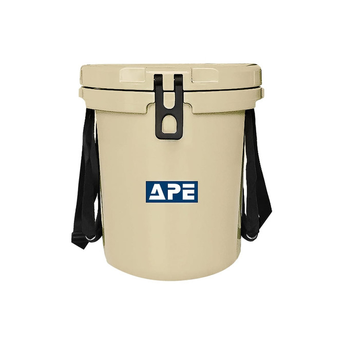 A 15L ice bucket in a cream colour featuring a black strap and a logo on the front.