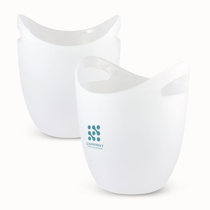 A white ice bucket featuring smooth curves and handles, with a logo on one side. Soft and modern design.