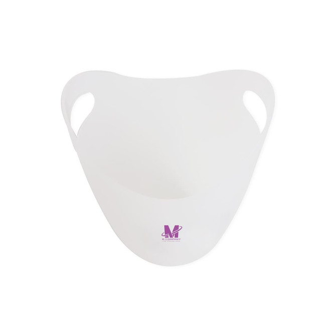 A white ice bucket with curved handles and a logo on the front.