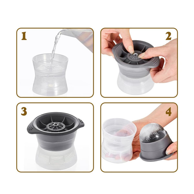 A whisky ice ball mould in grey and clear plastic, featuring step-by-step instructions for use.
