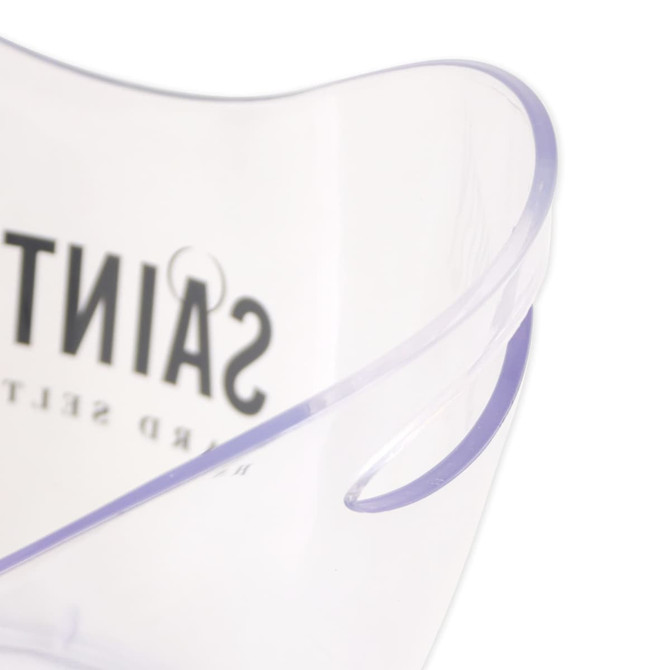 A clear ice bucket with curved edges and a handle, featuring a logo.