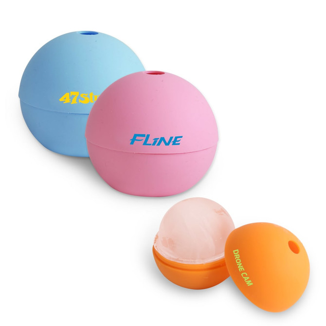 A set of silicone whisky ice ball moulds in blue, pink, and orange, featuring different logos.