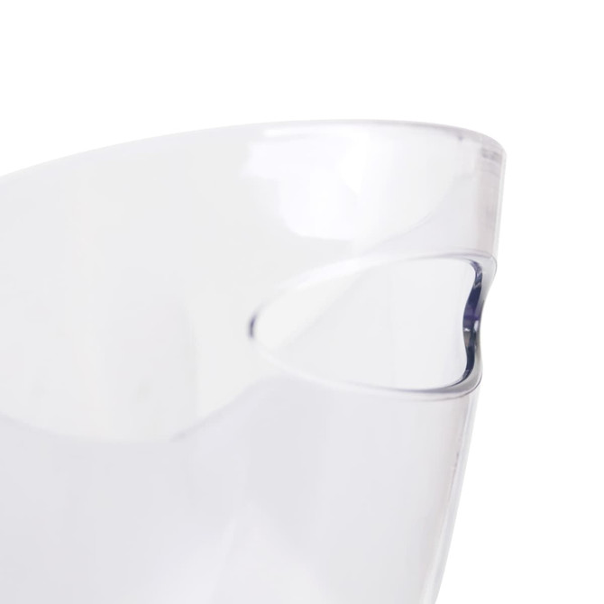 A clear plastic ice bucket with a curved opening and sleek design, featuring a branding logo.