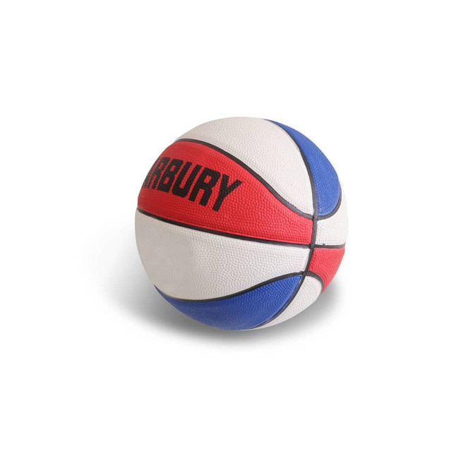 A promotional basketball featuring red, white, and blue colours with a textured surface and a logo.
