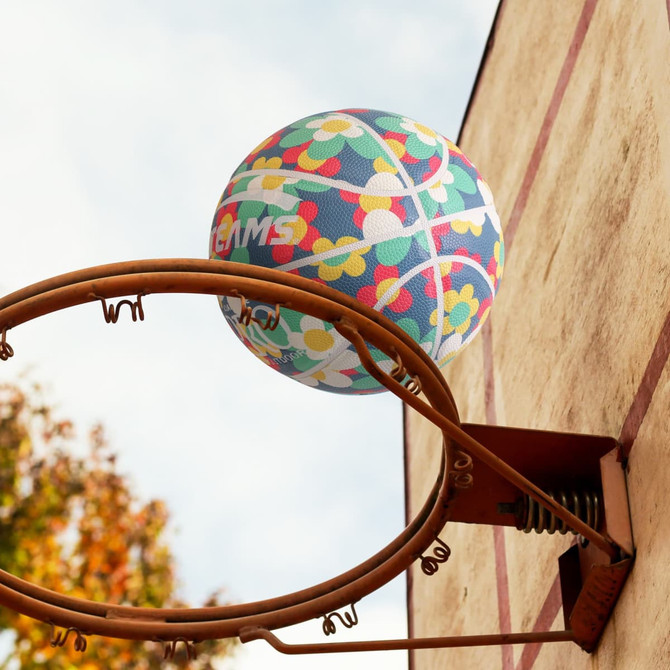 A colourful PU basketball featuring a floral design is shown near a basketball hoop against a blue sky.