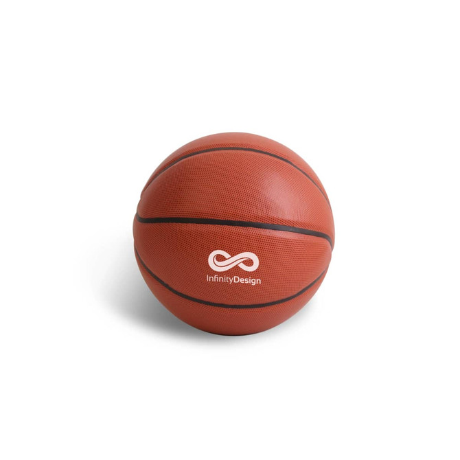 A hygroscopic PU basketball in orange with black detailing and a logo printed on it.