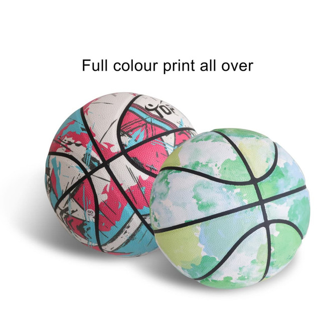 Two basketballs with full colour print, featuring vibrant designs in shades of red, blue, and green. Each ball has a distinct look.