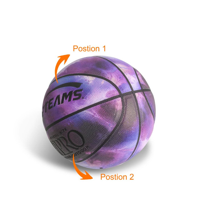 A purple and black basketball featuring a textured surface and a logo, designed for leisure and outdoor sports.