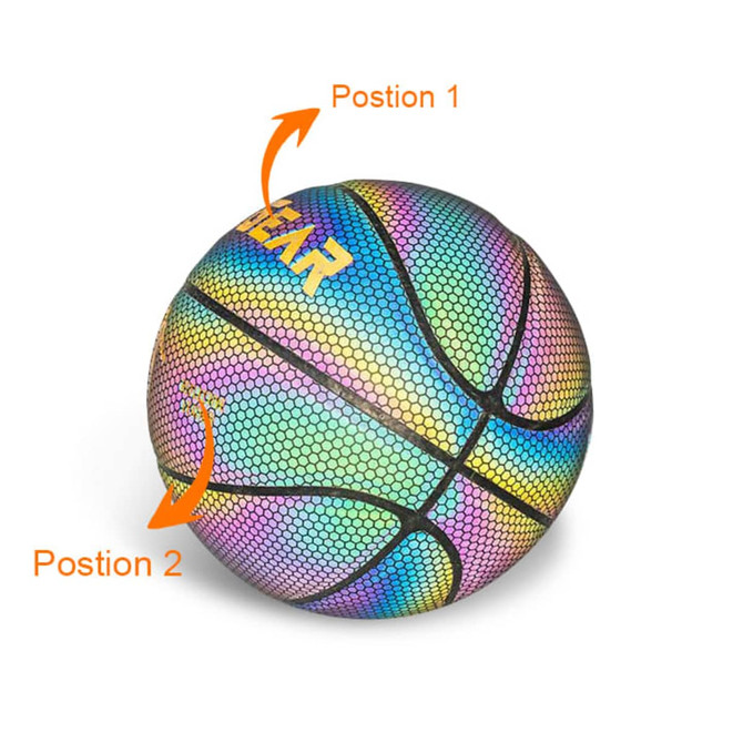 A holographic basketball featuring vibrant colours and a mesh pattern, with a prominent logo displayed on its surface.