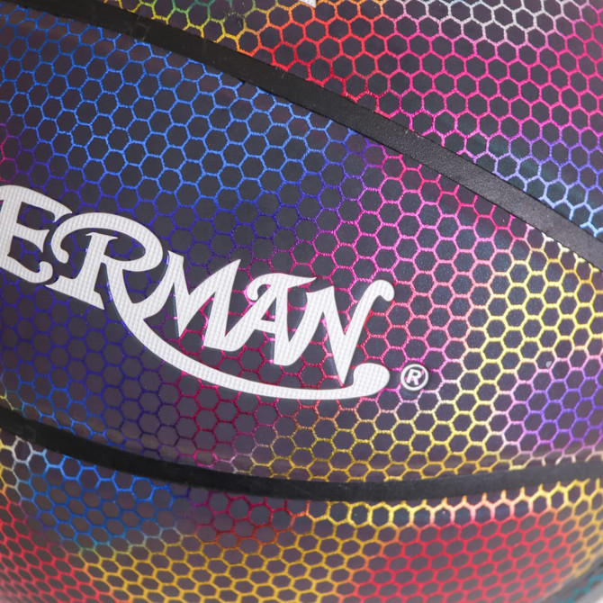 A holographic basketball with a vibrant multicoloured pattern and a logo on its surface.