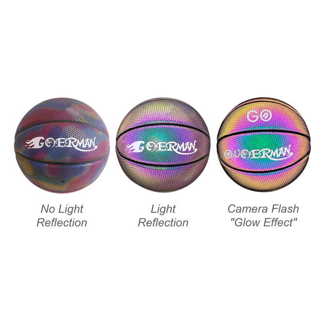 A holographic basketball in various lighting conditions, displaying vibrant, reflective colours. The ball features a logo.