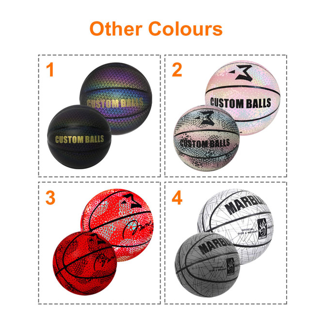A set of four basketballs in various colours, featuring a holographic and textured finish, some displaying logos.