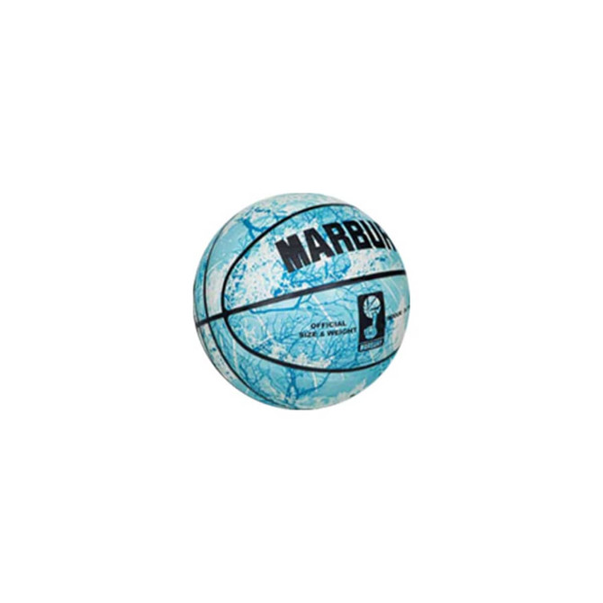 A light blue basketball featuring a textured design and a logo, designed for leisure and sporting activities.