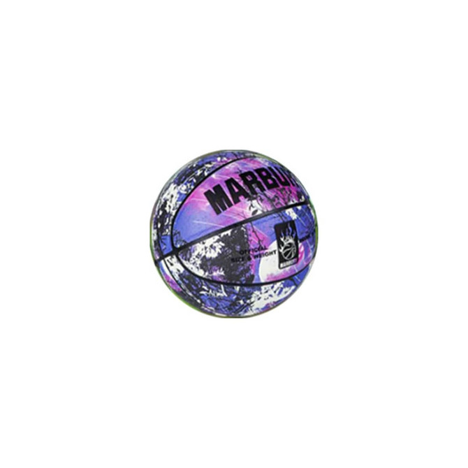 A purple and white basketball with a patterned design and a logo.