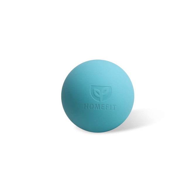 A teal lacrosse ball featuring a logo, designed for recreational use.