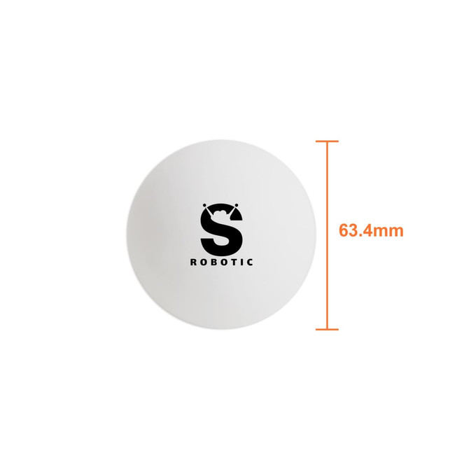 A white lacrosse ball with a logo, measuring 63.4mm in diameter, displayed against a plain background.