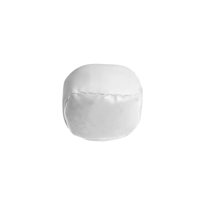 A white Hacky Sack with a smooth surface and a rounded shape, featuring a small logo.