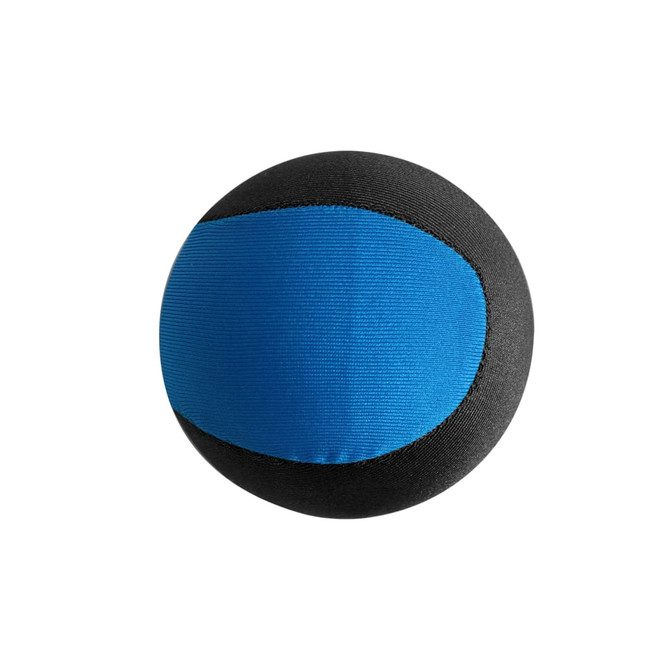 A round ball featuring a black and blue design, made from a soft, bouncy material. It has a logo on it.