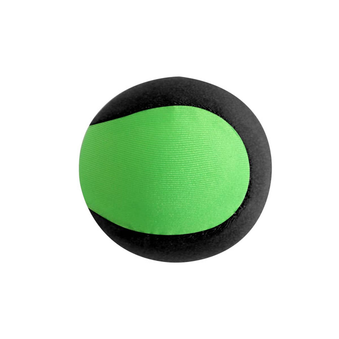 A green and black bouncing ball, designed for fun and games, features a smooth outer texture and a rounded shape.