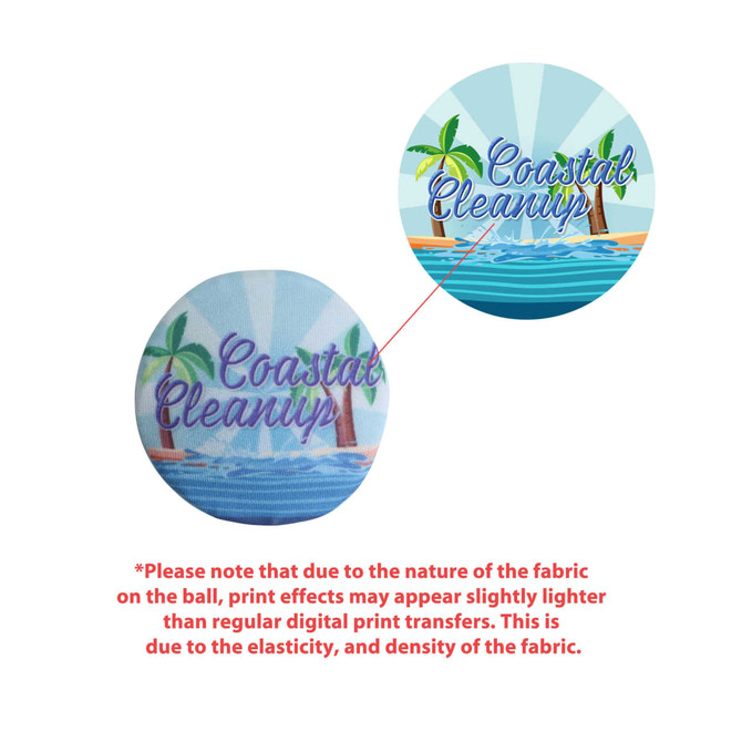 A round water bouncing disc featuring a colourful design with palm trees and the text "Coastal Cleanup." It has a logo.