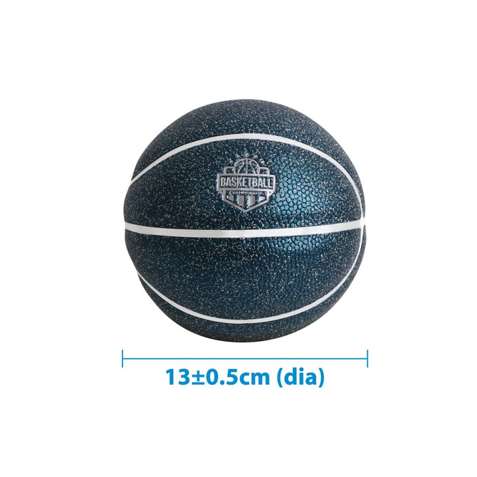 A mini basketball in dark blue with white seams, featuring a logo. Diameter measures approximately 13 cm.