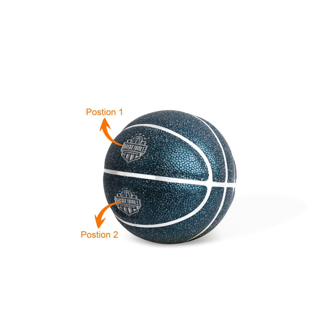 A mini basketball in dark teal with a textured surface and white stripes, featuring a logo.
