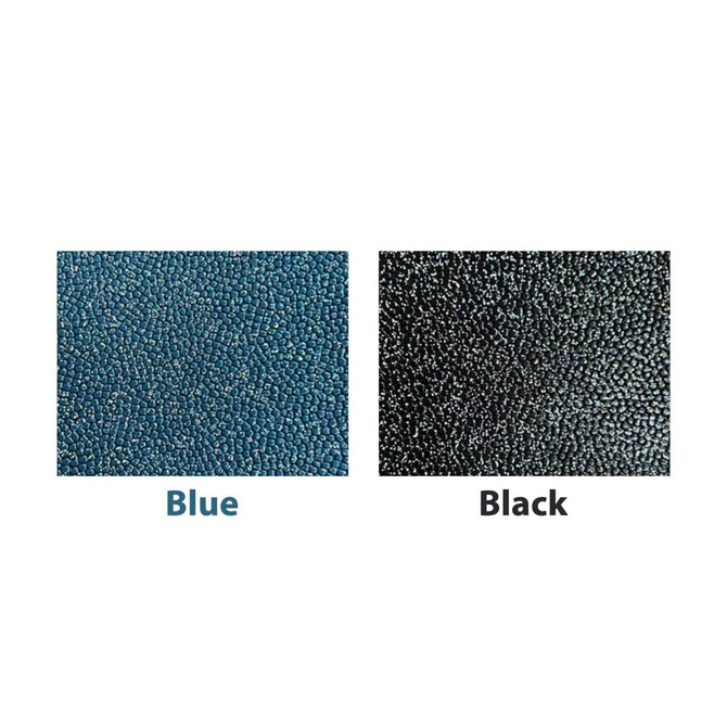 A textured surface featuring two colour swatches: one in blue and the other in black. Both have a granular appearance.