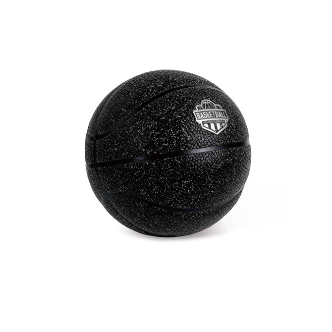 A black mini basketball with a textured surface and a logo on it, designed for leisure and sports activities.