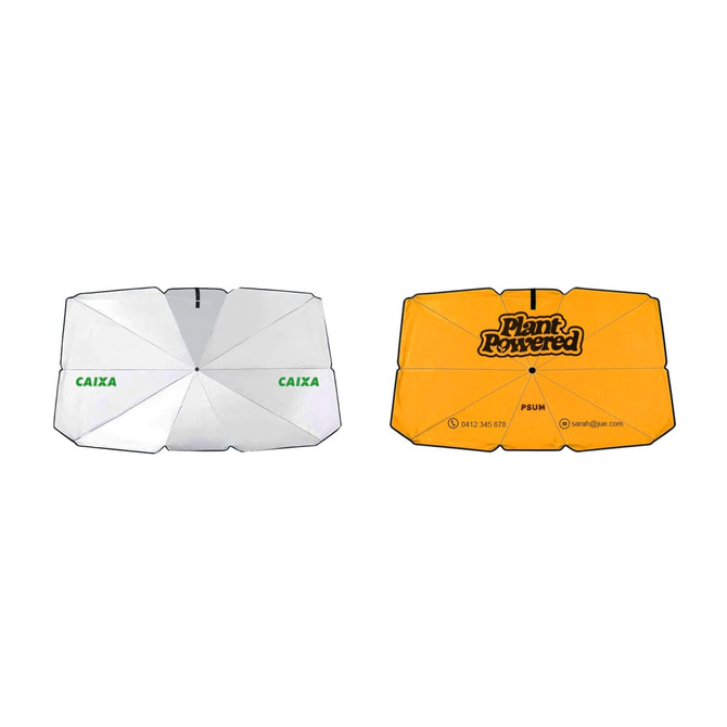 A small car shade umbrella, featuring a white side with branding and a vibrant yellow side with graphics.