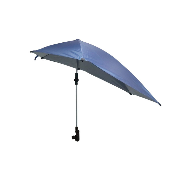 A blue adjustable umbrella with a universal clamp for attaching to various surfaces. Features a sturdy pole and sleek design.