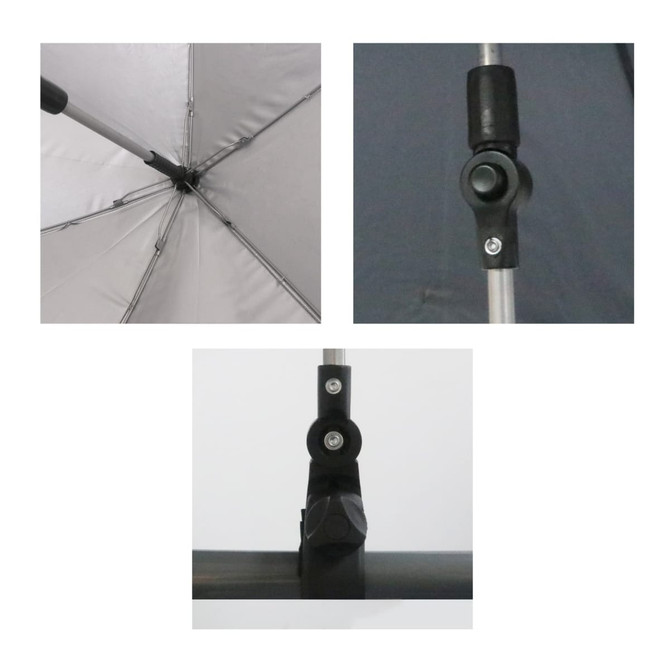 A grey adjustable umbrella with a universal clamp and metallic handle. Features close-up views of its components and mechanism.