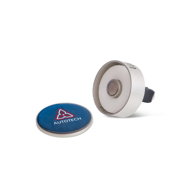A car clip air freshener in white and blue, featuring a round magnetic component and a logo.