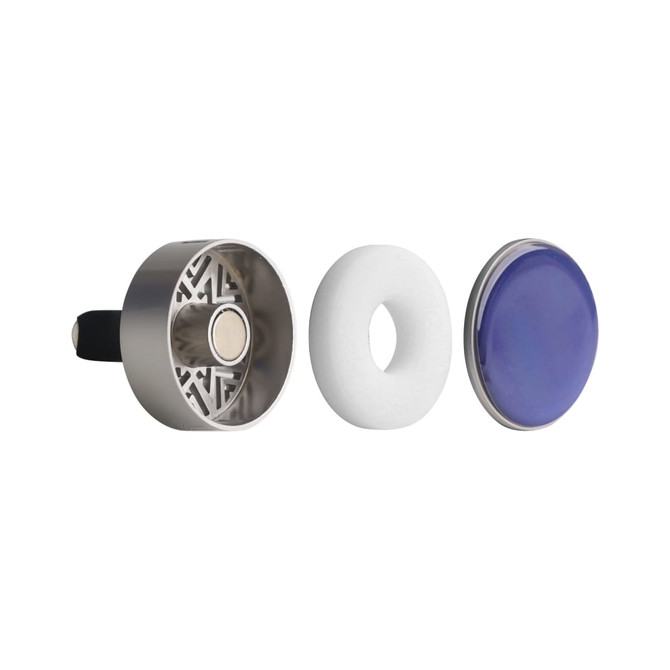 A metallic car clip air freshener in silver and blue, featuring black, white, and a round air freshener insert.