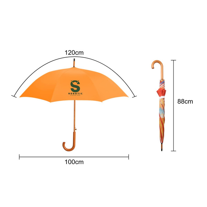 An orange RPET umbrella with a curved wooden handle, measuring 120cm in diameter and 88cm in length, featuring a logo. An orange RPET umbrella with a curved wooden handle, measuring 120cm in diameter and 88cm in length, featuring a logo.
