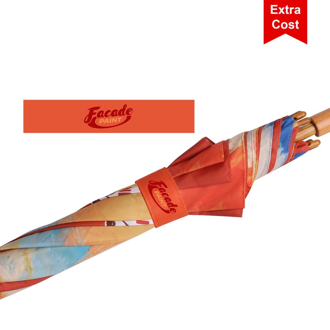 An RPET wooden umbrella with a curved handle featuring a vibrant, multicoloured canopy and a logo.