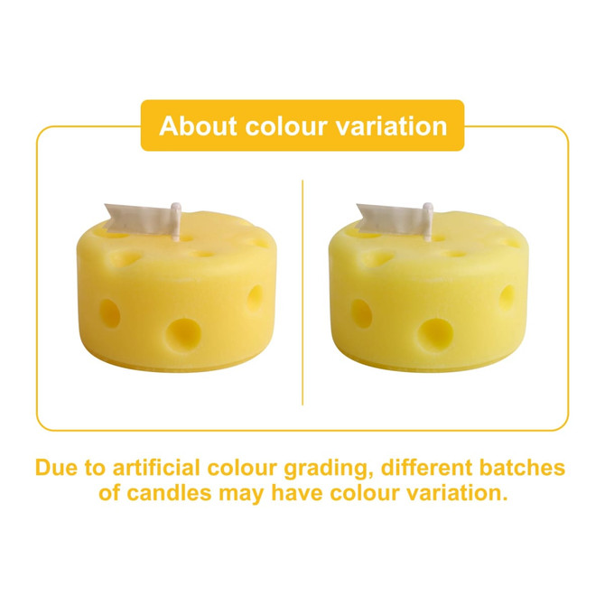 Round cheese-shaped candles in a bright yellow hue with holes and a small flag on top, featuring colour variation details.