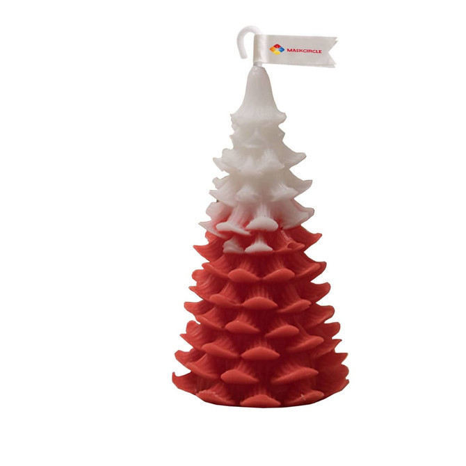 A Christmas tree shape candle in red and white, featuring a textured design and a small flag with a logo.