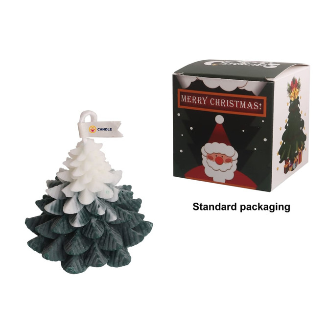 A Christmas tree-shaped candle in white and green, alongside festive packaging featuring Santa Claus.
