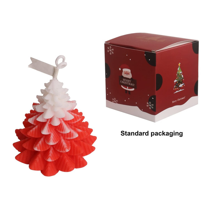 A red and white Christmas tree-shaped candle next to its festive packaging featuring a Christmas design.