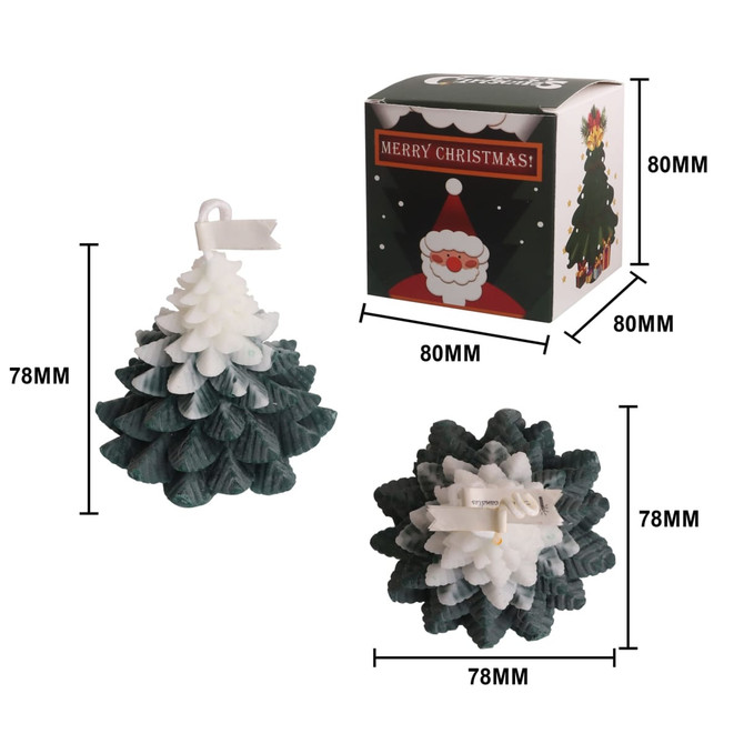 Christmas tree-shaped candles in dark green and white, packaged in a festive box featuring a holiday design.