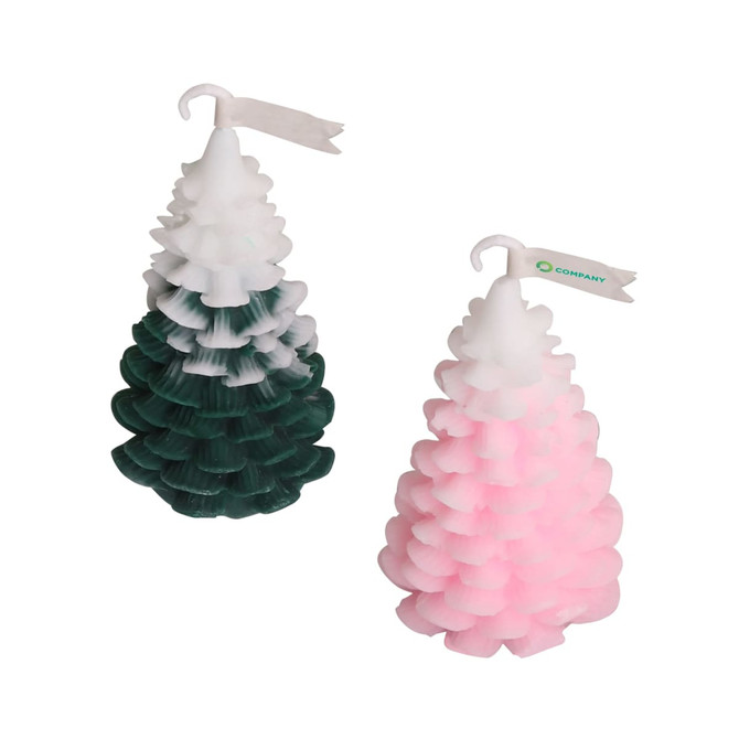 Cedar-shaped candles in green and pink, featuring a tiered design with a small flag on top.
